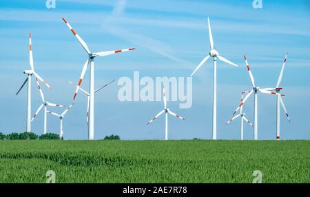 De nombreuses éoliennes dans la centrale électrique agricole et le champ de blé dans la région rurale de Saxe-Anhalt Allemagne Banque D'Images