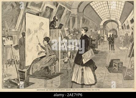 Un tirage de 1868 d'après Winslow Homer représentant des étudiants en art et des copistes travaillant à la Galerie du Louvre à Paris, montrant des figures, des croquis, des chevalets, de l'espace de la galerie, conventions d'études artistiques françaises du milieu du XIXe siècle. Banque D'Images