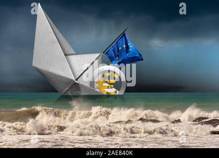 Symbole de l'euro, 3D illustration, naufrage à bord d'un bateau en papier avec le drapeau de l'Union européenne, la photographie. Dans une mer agitée. Concept de la récession Banque D'Images