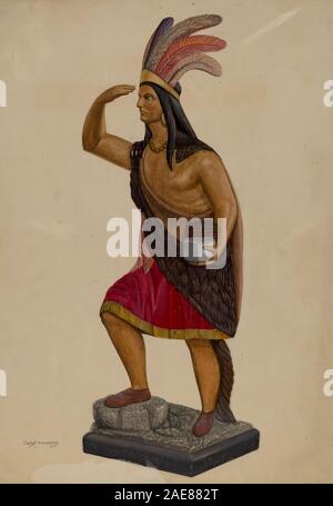 Une figure sculptée d'un magasin de cigares indien faite vers 1937 par Chris Makrenos, montrant des traits peints, coiffe, tenue vestimentaire et construction en bois, représentant américain commercial folk Banque D'Images