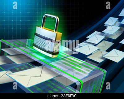 Flux de messagerie en passant par un scanner de sécurité. Illustration numérique. Banque D'Images