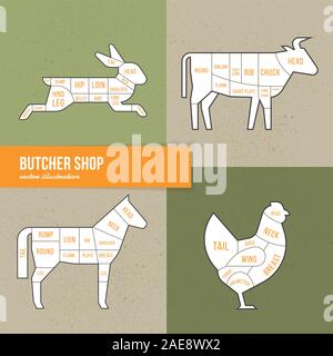 Schéma vecteur boeuf coupes, lapin, cheval et le poulet. Illustration de Vecteur