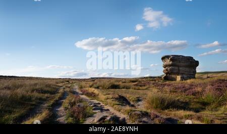 Pierre de l'aigle sur Froggatt bord dans le Derbyshire Peak District, au Royaume-Uni. Des Landes avec Heather Banque D'Images