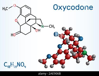 Molécule d'oxycodone. Il s'agit d'opioïdes semi-synthétique utilisé pour le traitement de la douleur. Formule chimique structurale et molécule modèle. Vector illustrat Illustration de Vecteur