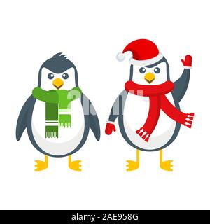 Pingouin joyeux dans un foulard et un chapeau. Caractère de Noël. Illustration de Vecteur