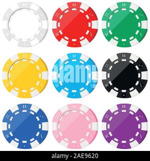 Poker colorful chip icons set isolated on white background - white, red, green, yellow, blue, black, pink, purple. Illustration de Vecteur