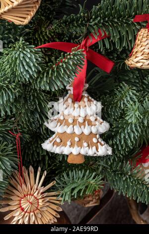 Arbre de Noël en forme de gingerbread cookie suspendu à une branche de sapin Banque D'Images
