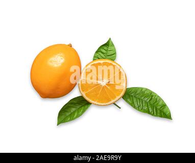 Tranches d'Orange et agrumes entiers isolé sur fond blanc. Mûres juteuses tranches de citron orange. Citrus Meyeri avec des feuilles vertes de près. Banque D'Images