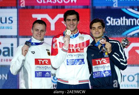 L R Christian Diener (GER), Kliment Kolesnikov (RUS) et Robert Andrei Glinta (ROU) sur 100 dos en finale européenne LEN Petit cours de natation le 6 décembre 2019. En 2019 Tollcross Stadium à Glasgow (Royaume-Uni) Photo : Soenar Chamid/SCS/AFLO (Hollande) Banque D'Images