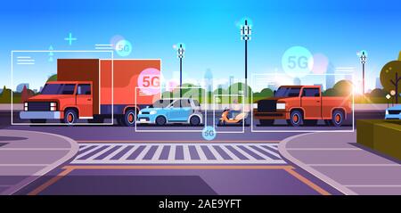 Voitures road réseau de véhicules de communication sans fil récepteur de station de base 5g de l'émetteur de l'information Système de surveillance du trafic internet haut débit global concept plate horizontale vector illustration Illustration de Vecteur