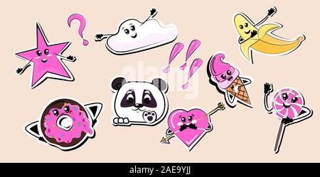 Funny cartoon icons set style kawaii collection caractères illustration vectorielle horizontale Illustration de Vecteur