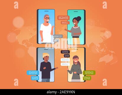 Les personnes qui utilisent le réseau social app chat chat bubble communication concept mix race hommes femmes dans les écrans de smartphones de messagerie mobile en ligne portrait d'application vector illustration Illustration de Vecteur