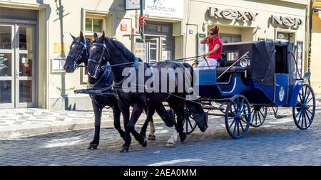 Chauffeur d'attraction touristique en calèche dans le centre de Prague, république tchèque. Banque D'Images