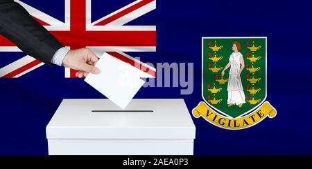 Élection en Îles Vierges britanniques au Royaume-Uni. La main de l'homme de mettre son vote dans l'urne. Îles Vierges des Galapagos UK drapeau sur l'arrière-plan. Banque D'Images