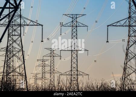Deux rangées de tours de transmission électrique position contre le ciel du soir. Les lignes d'alimentation sur ces derniers apparaissent en blanc dans la lumière du soleil. Banque D'Images