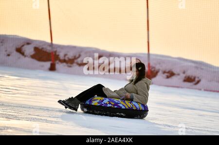 Beijing, Chine, région autonome du Ningxia Hui. 7 Décembre, 2019. Un visiteur joue à un domaine skiable à Yinchuan, Chine du nord-ouest de la région autonome du Ningxia Hui, 7 décembre, 2019. Credit : Wang Peng/Xinhua/Alamy Live News Banque D'Images