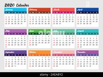 L'année 2020 colorée calendrier. Calendrier horizontal modèle . Fichier vectoriel éditable disponible. L'anglais et du dimanche au lundi. Illustration de Vecteur