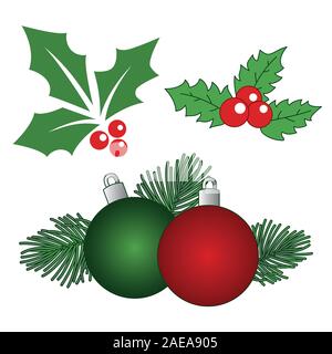 Ensemble de décorations de Noël avec des boules rouges et vertes, des branches d'arbre, sapin, houx, fruits rouges, bulle de Noël isolé sur fond blanc. Il vecteur Illustration de Vecteur
