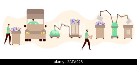 Vector illustration une collecte, le transport, le tri, le recyclage des déchets par les personnes, d'un robot. Tri des déchets concept de gestion. Eco friendl Illustration de Vecteur