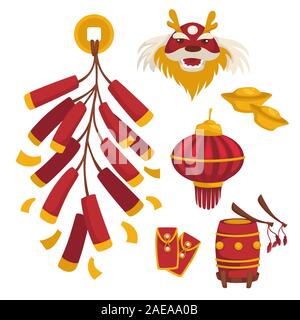 Célébration du Nouvel An chinois symboles traditionnels en rouge et jaune Illustration de Vecteur