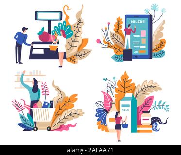 L'épicerie avec les clients l'achat de produits dans le marché ou en ligne Illustration de Vecteur