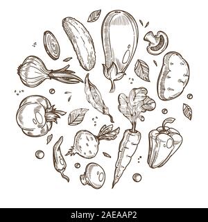 Les légumes bio avec bannière hand drawn icons set in circle Illustration de Vecteur
