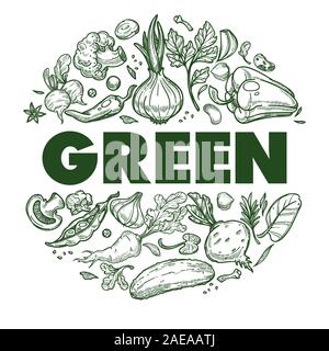 Les légumes verts avec bannière hand drawn icons set in circle Illustration de Vecteur