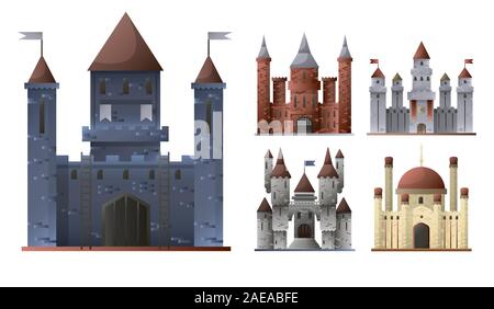 Châteaux et forteresses médiévales aux structures architecturales en gris et brun Illustration de Vecteur