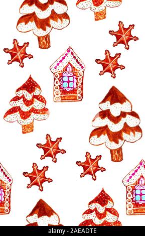 Transparente avec motif de noël gingerbread cookies maisons et arbres, l'aquarelle. Banque D'Images