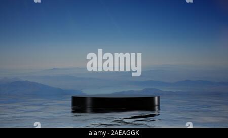 Un socle noir sur la surface de la mer. Dans le brouillard des montagnes en arrière-plan. 3D illustration. L'espace vide pour vos produits Banque D'Images