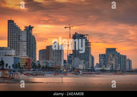 Tel Aviv Skyline, Israël. Cityscape image de Tel Aviv beach avec certains de ses célèbres hôtels durant le lever du soleil et la nuit Banque D'Images