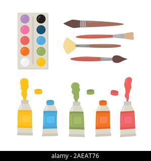 Outils de peinture colorés éléments cartoon vector set. Tubes de peinture matériel d'art, pinceaux, aquarelle, palette. Illustration de Vecteur