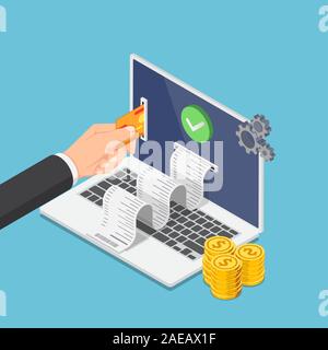 Télévision 3D isométrique businessman part mettre la carte de crédit sur le moniteur portable de payer de l'argent en ligne. Le paiement en ligne et transfert d'argent en ligne gratuit. Illustration de Vecteur