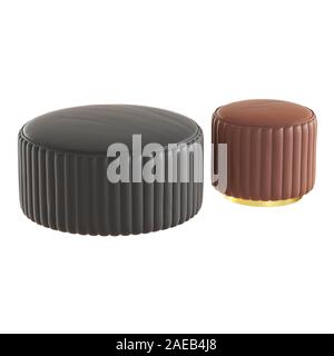 Deux tables rondes et noir pouf en cuir marron sur fond blanc. Le rendu 3D Banque D'Images