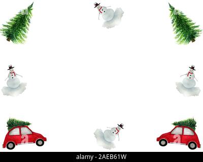 Frontière avec l'aquarelle de Noël Bonhomme de neige, des éléments de dessin animé voiture rouge avec un arbre et l'arbre de Noël, Noël cadre illustrations avec copie espace pour le texte Banque D'Images