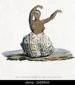 Femme de l'ile (Mowi iles sandwich) dansant. Dans 'Le costume ancien et moderne', 1819-1820 par Ferrario. Banque D'Images