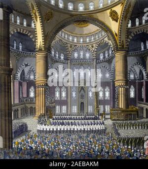 Fête religieuse (fête du Mewlod) dans la mosquée bleue a Constantinople, debut XIXeme siecle - dans 'Le Costume ancien et moderne" de Jules Ferrario, 1 Banque D'Images