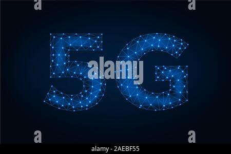 5G mobile networking wireframe polygonal mesh vector illustration faites à partir de points et lignes sur fond bleu foncé Illustration de Vecteur