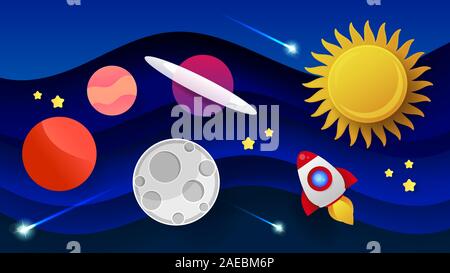 Télévision avec l'arrière-plan de l'espace vectoriel de fusée, vaisseau spatial, de la Lune, des planètes . Illustration de Vecteur