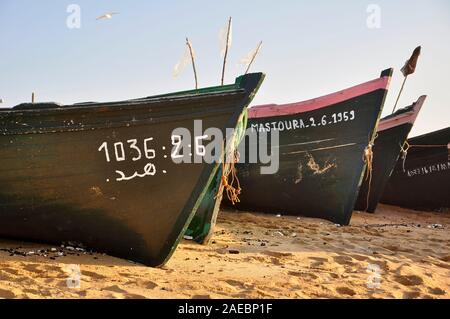Les bateaux de pêche traditionnels avec des drapeaux à la palangre dans le sable de mer échoués à Oualidia plage au coucher du soleil (El Jadida, Maroc), Casablanca-Settat Banque D'Images