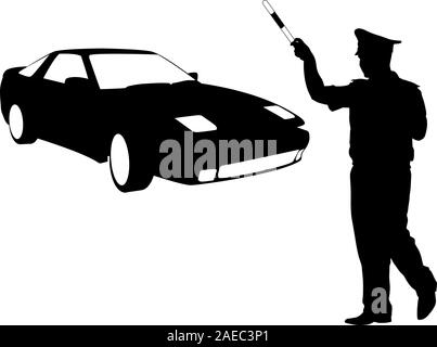 Silhouette, la police a arrêté une voiture avec une tige. Vector illustration. Illustration de Vecteur