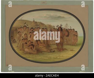 Cette peinture de George Catlin, datée de 1861-1869, représente un homme de médecine mandan, montrant des vêtements traditionnels, des objets rituels et des pratiques culturelles amérindiennes du XIXe siècle. Banque D'Images