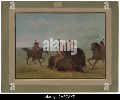 Cette peinture de George Catlin, datée de 1861-1869, représente Camanchees chassant un buffle, montrant des guerriers, des armes, des chevaux et des pratiques de chasse amérindiennes du XIXe siècle. Banque D'Images