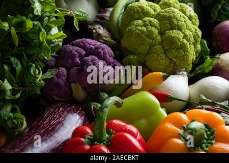 Grand plat allant au four avec des légumes colorés mixtes, concombres, tomates, brocoli, aubergines, courges, pommes de terre, la laitue, les poivrons Banque D'Images