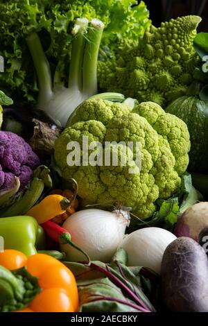 Grand plat allant au four avec des légumes colorés mixtes, concombres, tomates, brocoli, aubergines, courges, pommes de terre, la laitue, les poivrons Banque D'Images