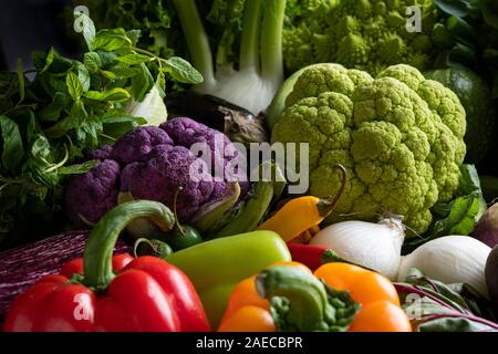 Grand plat allant au four avec des légumes colorés mixtes, concombres, tomates, brocoli, aubergines, courges, pommes de terre, la laitue, les poivrons Banque D'Images
