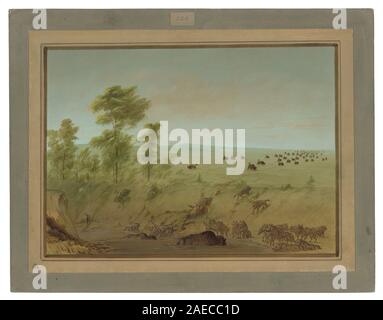 Cette peinture de George Catlin, datée de 1861-1869, représente des buffles piégés dans la boue avec des loups à proximité, montrant l'anatomie animale, le mouvement, l'interaction et un paysage nord-américain naturaliste. Banque D'Images