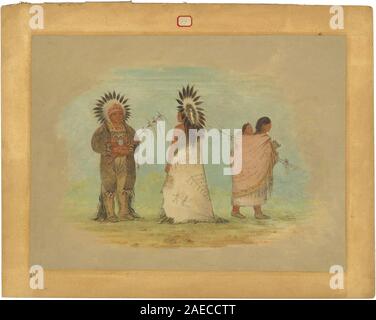 Une peinture de George Catlin de 1861-1869 représentant deux chefs Ottoe et une femme, montrant des vêtements traditionnels, des ornements, une posture et un fond de paysage naturel. Banque D'Images