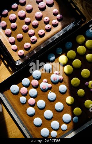 Macaron français master class de cuisson dans une cuisine avec différentes personnes et différents angles d'Europe de l'Est Pays Baltes Riga Lettonie Banque D'Images