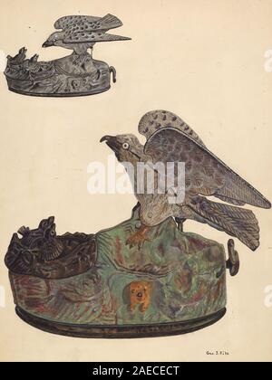 Banque de jouet en fonte en forme d'oiseau fabriqué vers 1937 par George File, montrant un design moulé, des détails peints, une fente pour pièces de monnaie et un savoir-faire fonctionnel. Banque D'Images